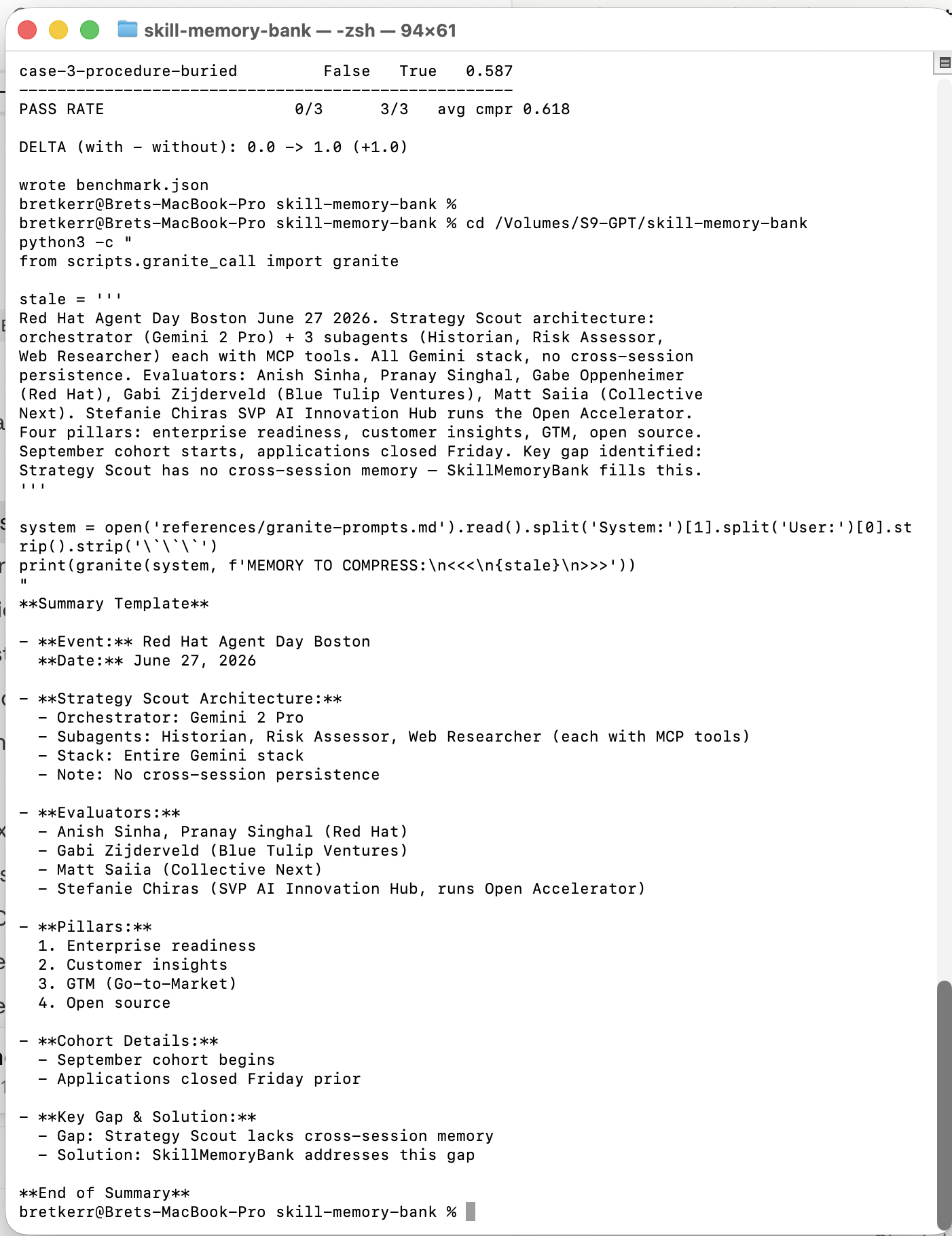 Live POC demo: Granite 4.1 compressing the hackathon session into PROCEDURES, CONSTRAINTS, and DECISIONS